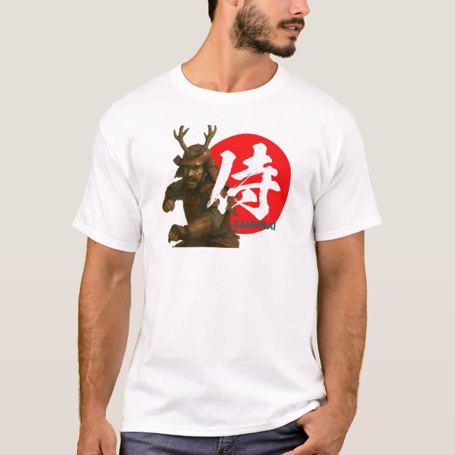 Samurai Warrior med Stigning Sol och Kanji T Shirt (Framsida)