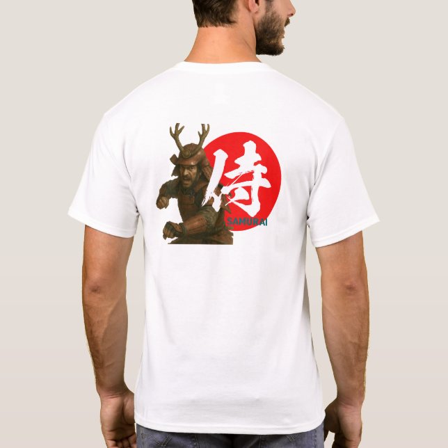 Samurai Warrior med Stigning Sol och Kanji T Shirt (Baksida)