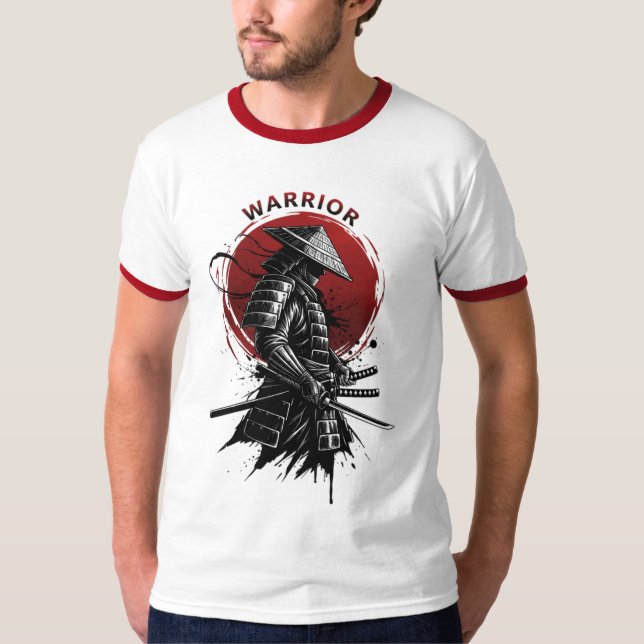 Samurai Warrior Rising Sun Japanese Ink Style T Shirt (Framsida)