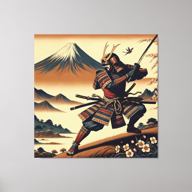 Samurai Warrior vid Mount Fuji - Ukiyo-e Art Canvastryck (Framsida)