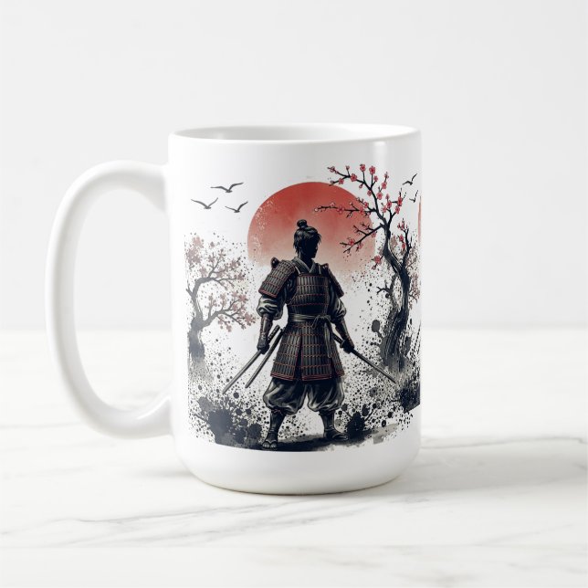 Samurai Warrior with Twin Katanas Sunset Art Kaffemugg (Vänster)