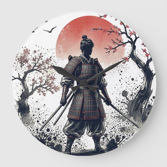 Samurai Warrior with Twin Katanas Sunset Art Stor Klocka (Framsida)