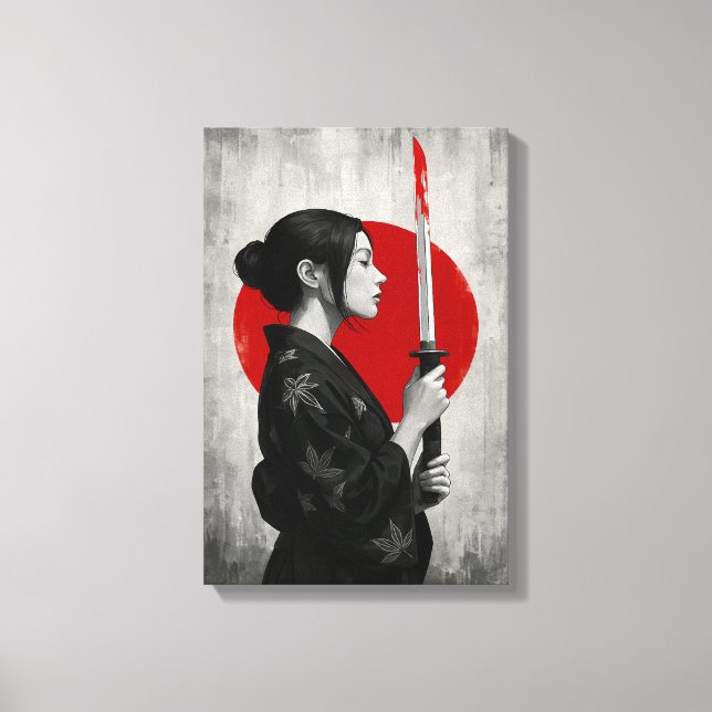 Samurai Woman med Katana på Röda Sol Canvastryck (Framsida)
