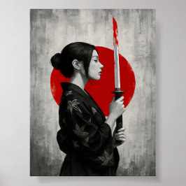 Samurai Woman med Katana på Röda Sol Poster