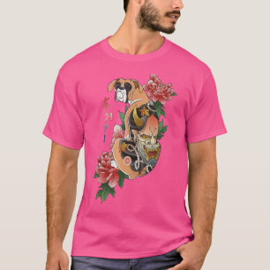 Samuraj Boxer Hund Ukiyo E Blommor Japansk Krigare T Shirt