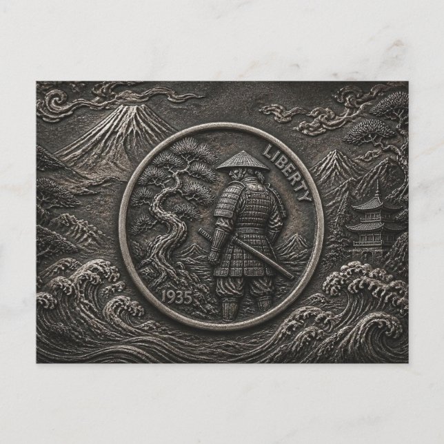 Samuraj Hobo Nickel Graverad Mynt Konst Vykort (Framsida)