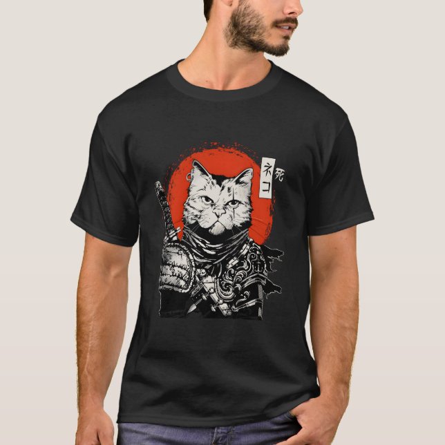 Samuraj Japansk Katt Bushido Krigare Katana Svärd T Shirt (Framsida)