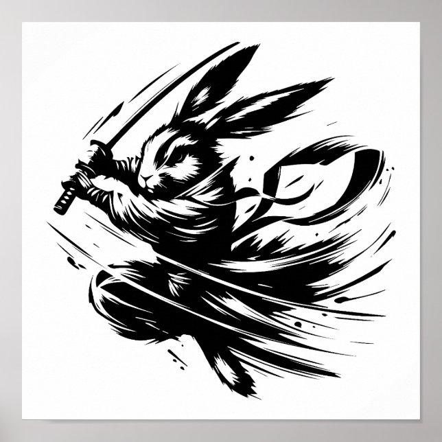 Samuraj Kanin Svart Bläck Krigare Kanin Poster (Framsidan)