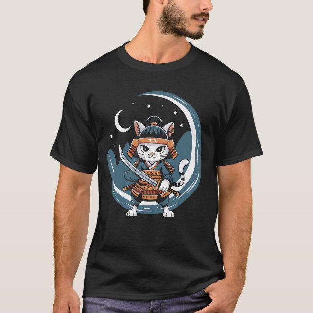 Samuraj Katt Krigare Fullmåne Konst T Shirt (Framsida)
