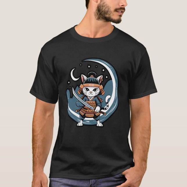 Samuraj Katt Krigare Fullmåne Konst T Shirt (Framsida)
