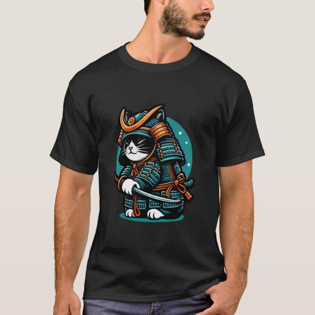 Samuraj Katt Krigare I Rustning Med Svärd T Shirt (Framsida)