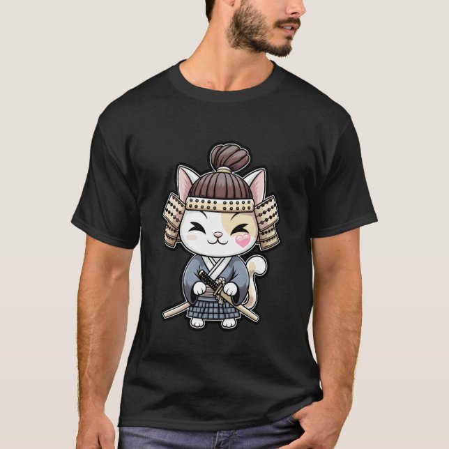 Samuraj katt krigare med Katana design T Shirt (Framsida)