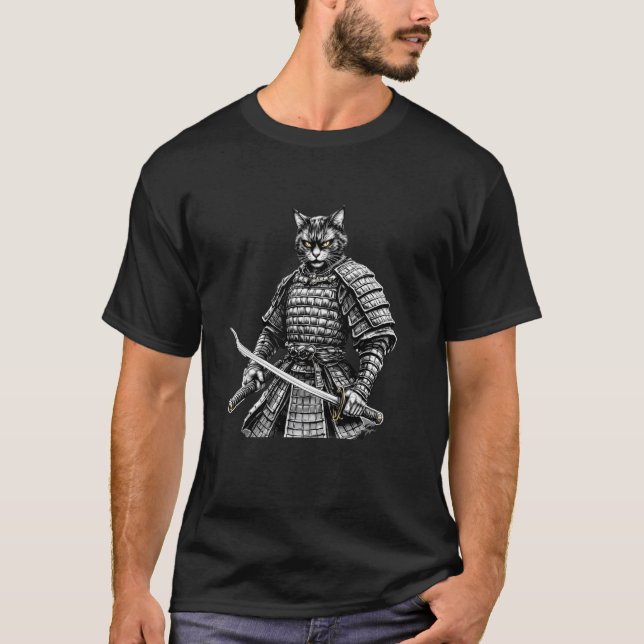 Samuraj Katt Krigare Ukiyo Bläck Konstverk Cool Ca T Shirt (Framsida)