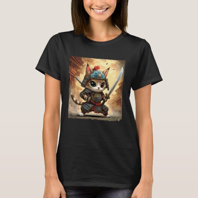 Samuraj Katt Krigare  Vild & Fluffig Stil T Shirt (Framsida)