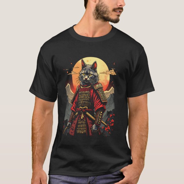 Samuraj katt måne t shirt (Framsida)