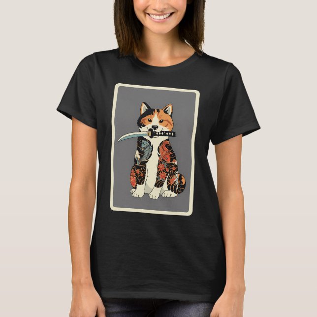 Samuraj Katt Tatuering Stil Japanska T Shirt (Framsida)