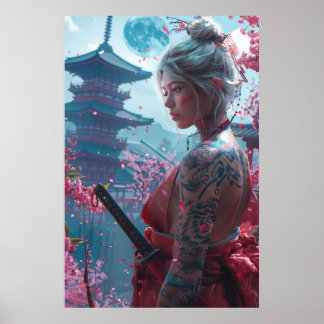 Samuraj kvinna krigare med katana — Japansk kultur Poster