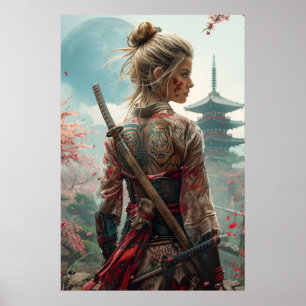 Samuraj kvinna krigare med katana - Japansk kultur Poster