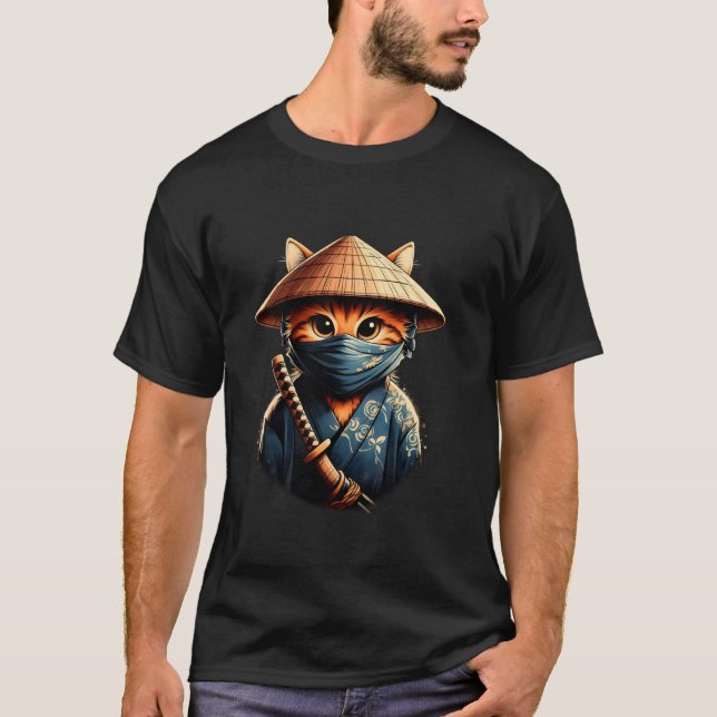 Samuraj Ninja Katt Japansk Ukiyo-e Anime Kawaii Ni T Shirt (Framsida)