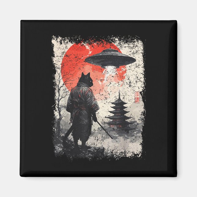 Samuraj Ninja Katt Krigare Sumi-e Ufo Ukiyo-e Sci  Magnet (Framsidan)