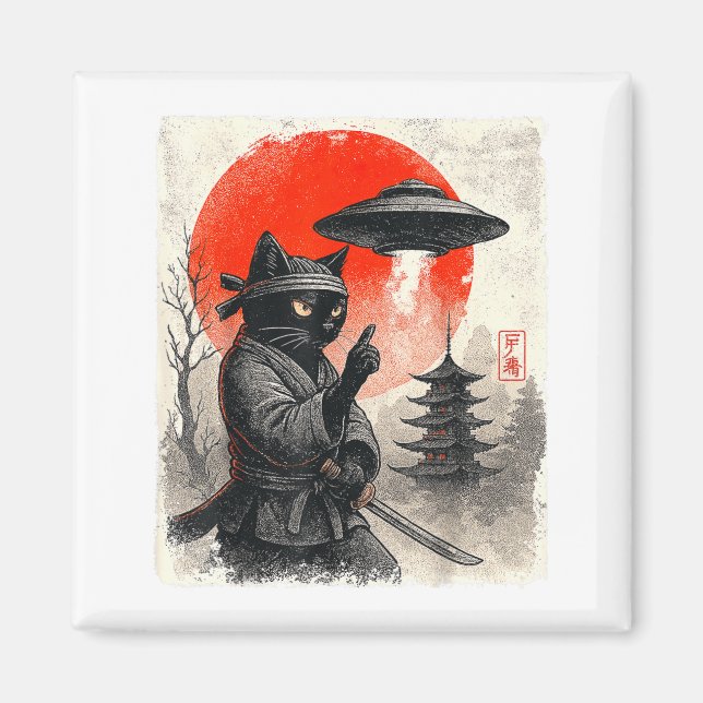 Samuraj Ninja Katt Krigare UFO Japansk Anime Rolig Magnet (Framsidan)