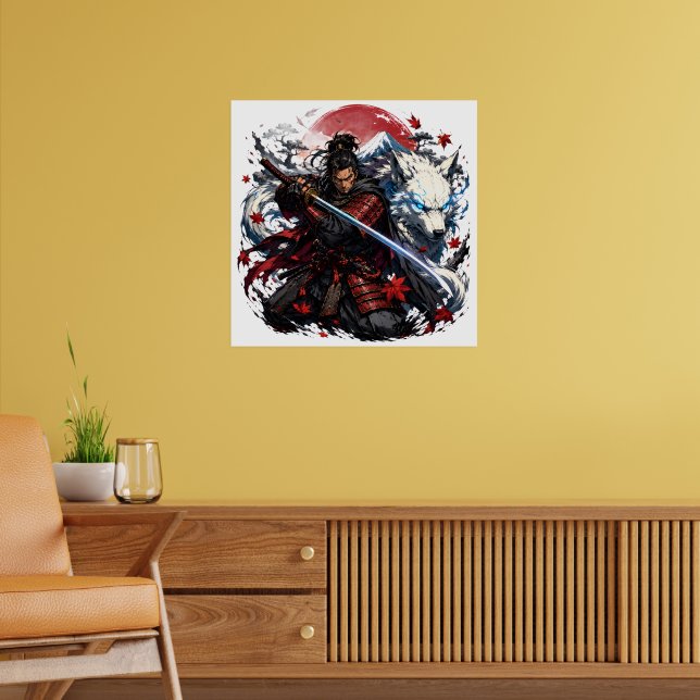 Samuraj och vit varg-mugg | Japansk krigare fantas Poster (Vardagsrum 2)