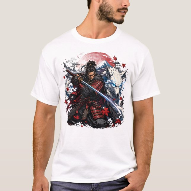 Samuraj och vit varg-mugg | Japansk krigare fantas T Shirt (Framsida)