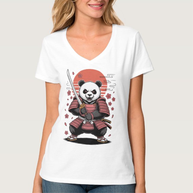 Samuraj Panda Björn Dam T-Shirt Med V-ringning (Framsida)