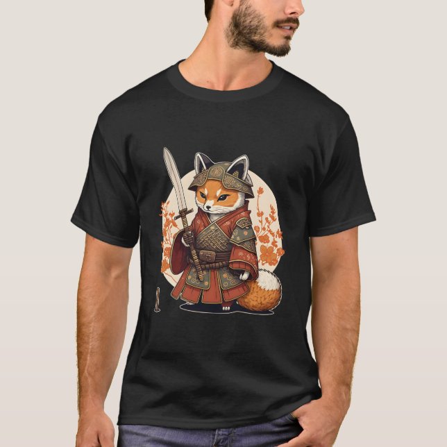 Samuraj Räv Krigare Japansk Ninja Räv Kawaii T Shirt (Framsida)