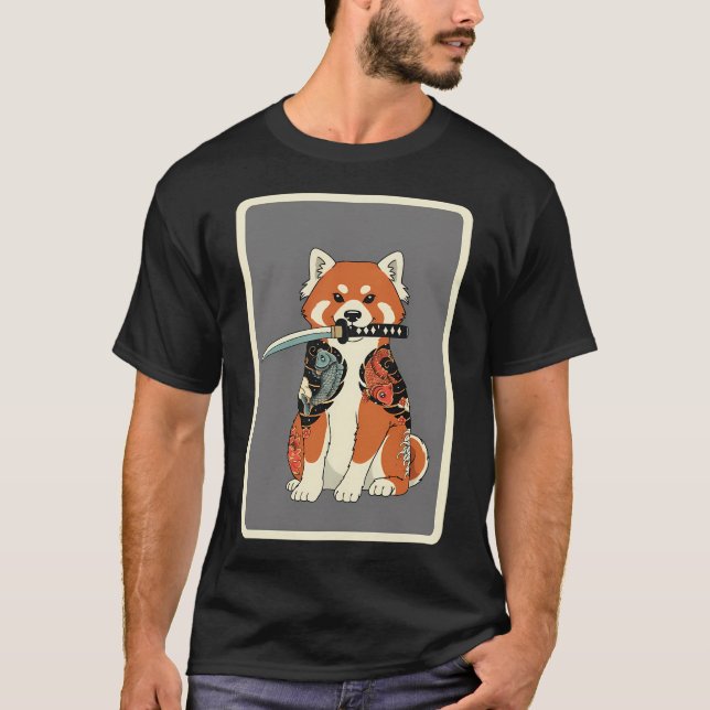 Samuraj Röd Panda Tatuering Stil T Shirt (Framsida)