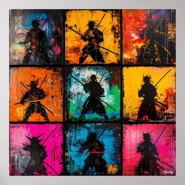 Samuraj Siluett Konstnärlig Grid Fet Graffiti Stil Poster (Framsidan)