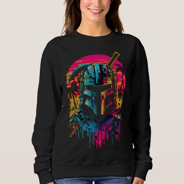 Samuraj Synthwave Retrowave Färgglad 80-talsgrafik T Shirt (Framsida)