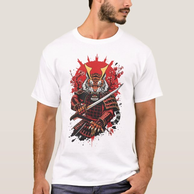 Samuraj Tiger Krigare Djärv Vektor Konst T Shirt (Framsida)