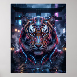 Samuraj Tiger Neon Tempel Poster
