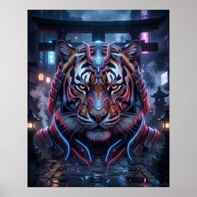 Samuraj Tiger Neon Tempel Poster (Framsidan)