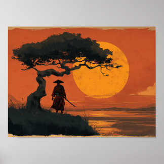 Samuraj under solnedgångsträd i traditionell japan poster