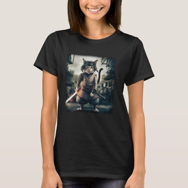 Samurajkat Japansk krigare Vintage T Shirt (Framsida)