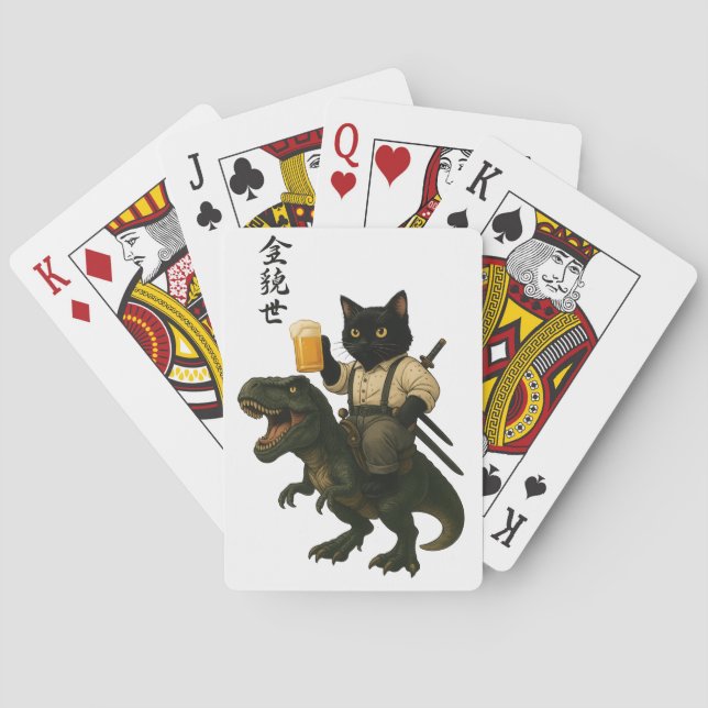 Samurajkat med öl & T-Rex | Retro japansk konst Casinokort (Baksidan)