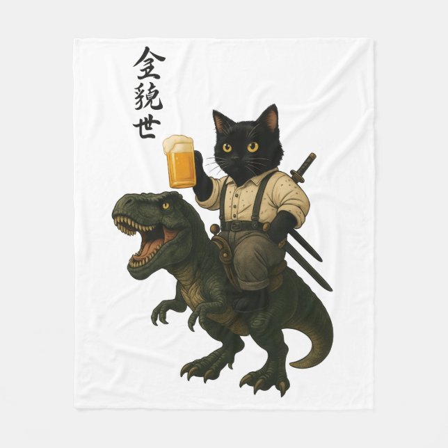 Samurajkat med öl & T-Rex | Retro japansk konst Fleecefilt (Framsidan)