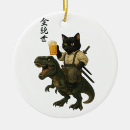 Samurajkat med öl & T-Rex | Retro japansk konst Julgransprydnad Keramik