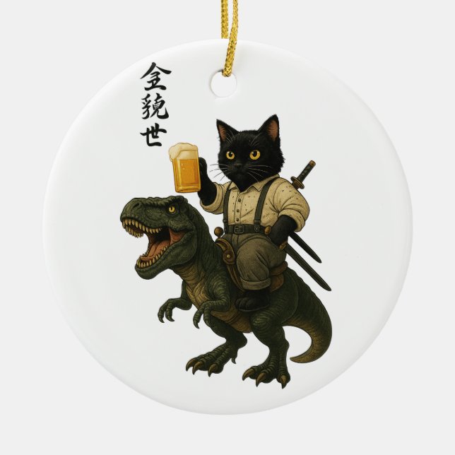 Samurajkat med öl & T-Rex | Retro japansk konst Julgransprydnad Keramik (Framsidan)