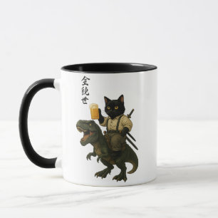 Samurajkat med öl & T-Rex Retro japansk konst Mugg