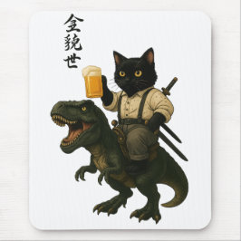 Samurajkat med öl & T-Rex | Retro japansk konst Musmatta