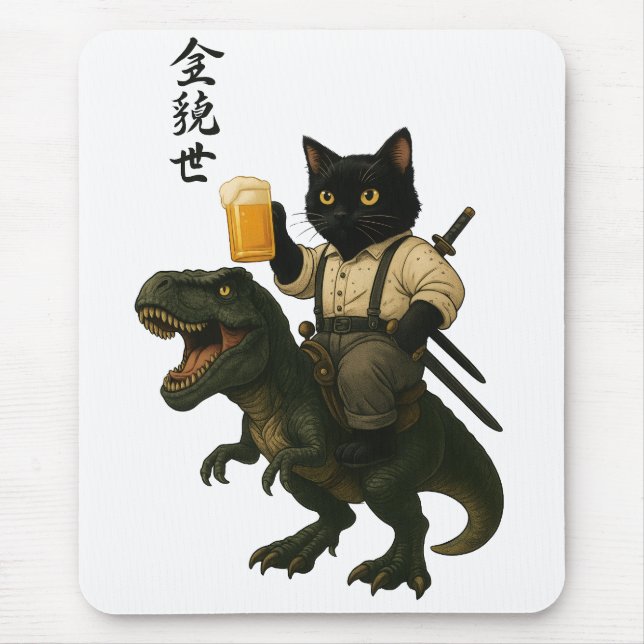 Samurajkat med öl & T-Rex | Retro japansk konst Musmatta (Framsidan)