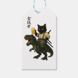 Samurajkat med öl & T-Rex | Retro japansk konst Presentetikett