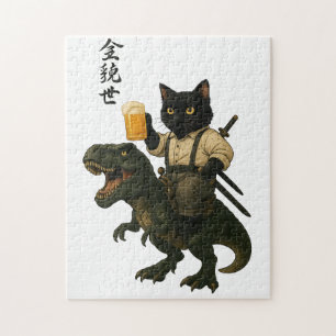 Samurajkat med öl & T-Rex Retro japansk konst Pussel