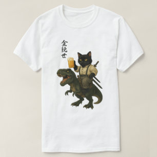 Samurajkat med öl & T-Rex Retro japansk konst T Shirt