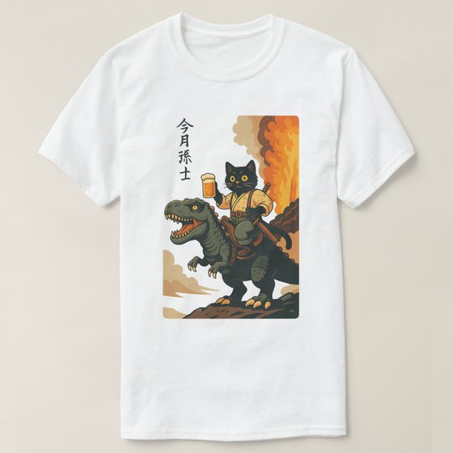 Samurajkat med öl & T-Rex, retro japansk konst T Shirt (Design framsida)