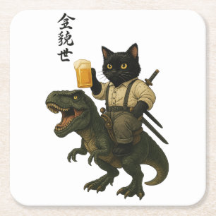 Samurajkat med öl & T-Rex Retro japansk konst Underlägg Papper Kvadrat