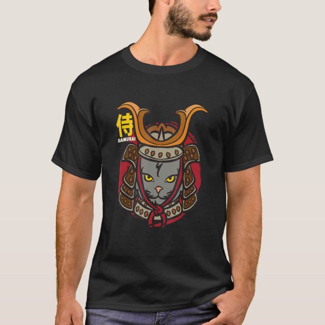 Samurajkatt Japansk Kitty Warrior 1 T Shirt (Framsida)